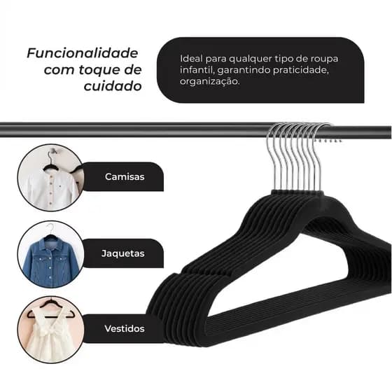 Caixa com 40 Cabides Infantis de Veludo Slim Antiderrapantes Preto – Organização com Estilo e Eficiência