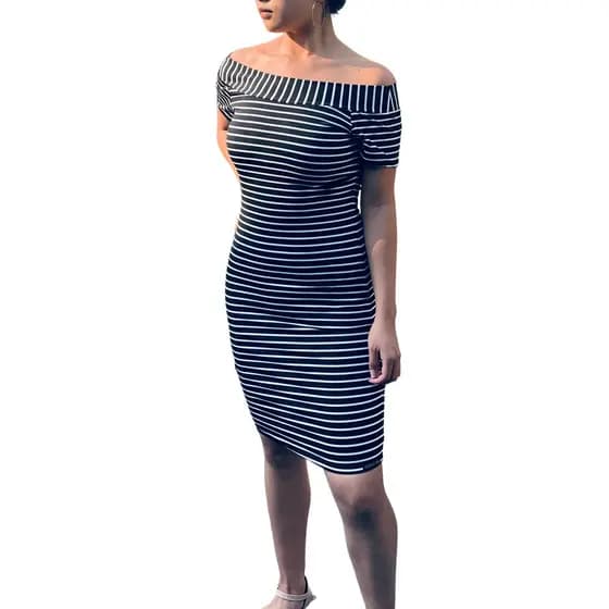 Vestido Listrado Feminino Ombro A Ombro Manga Curta