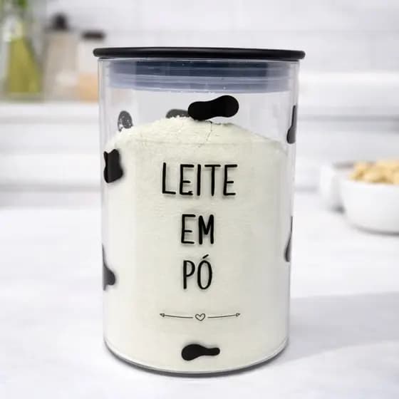 Pote Hermético 1L Decorado para Leite em Pó | Acrílico Transparente com Tampa Vedada