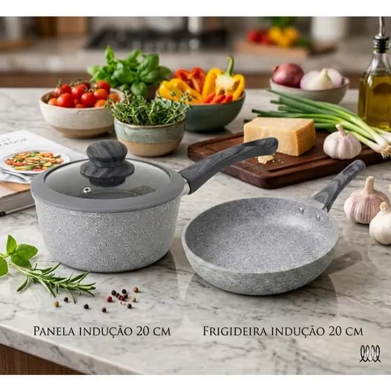 Panela 20cm + Frigideira Indução 20cm Antiaderente Granito Revestimento Cerâmica Cabo Soft Touch