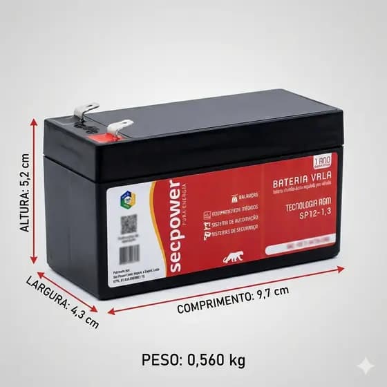 Bateria Selada 12V 1,3Ah - Nobreak, Cerca Elétrica, Alarmes ETC