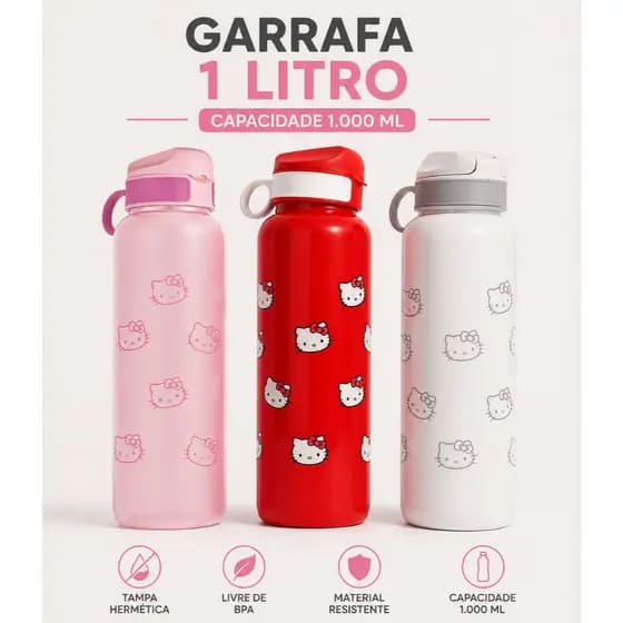 Squeeze Garrafa Hello Kitty 1 Litro com Alça Plástico BPA Free Lancheira Academia Anti Vazamento