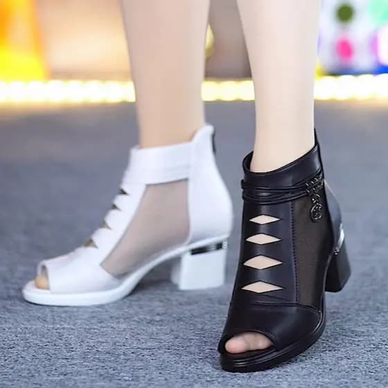 Sapatos Femininos De Malha Boca De Peixe , Sandálias De Salto Médio , Únicos Baixo , Novas Couro Macio nubuck Elegantes