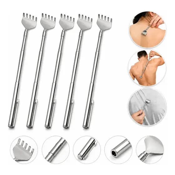 Kit 5 Coçador Mãozinha Telescópico Regulável Coçar Costas Inox