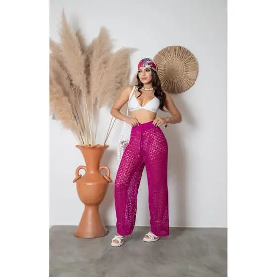 Calça De Praia Feminina Croche Tricot Pantalona Saida Verão