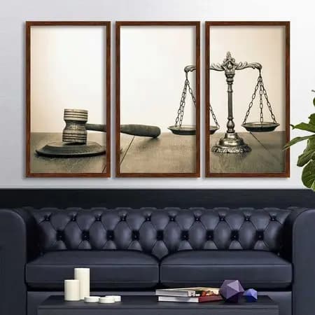 Quadro Decorativo 3 Peças Mosaico Balança e Martelo da Justiça Para Escritório