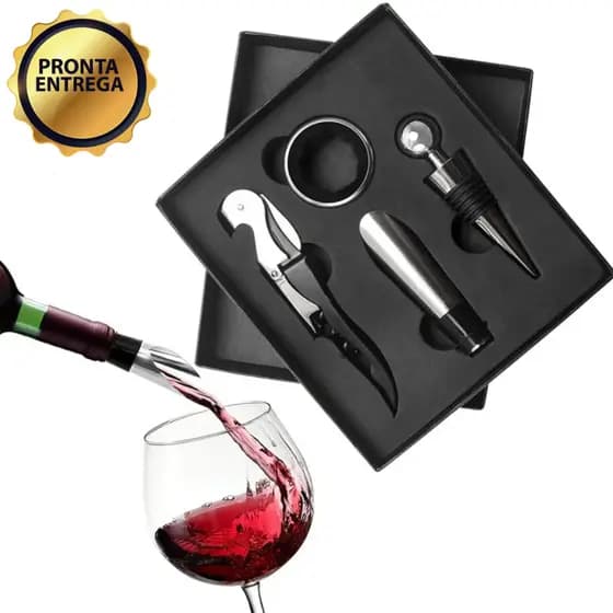 Kit Vinho 4 Peças com Estojo Presente Inox Saca-Rolhas Tampa Dosador Anel Salva Gotas Acessórios Bar