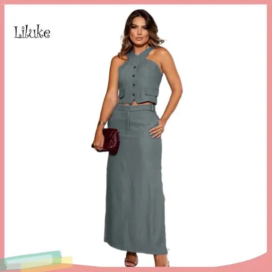 Lady Pure Color Outfit Backless Vest 2 Pcs Women Skirt Set Halter Neck Top High Waist Side Split Maxi Stylish Party Comm