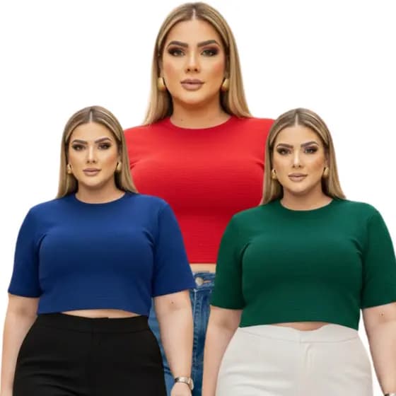 Cropped Feminino Plus Size Com Manguinha Blusinha Feminina Ana Ruga Premium Com Elastano Do GG ao G4