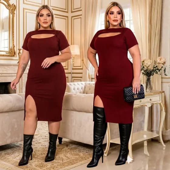 Vestido Feminino Tubinho Plus Size Midi Com Fenda e Maguinha Linha Luxo Tendência Curve Premier Até 54
