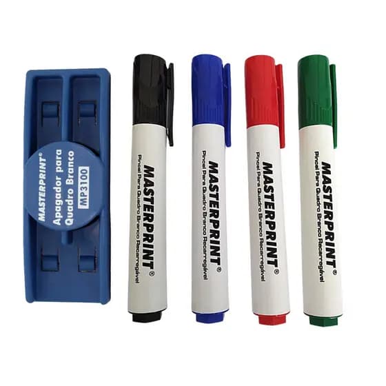 Kit 4 Pincéis Caneta para Quadro Branco Preto Azul Verde e Vermelho Recarregável Mp619 + Apagador para Quadro Branco Com Imã Mp3100 mais barato envio imediato