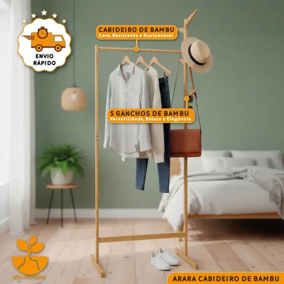 Cabideiro Mancebo De Chão Em Bambu Arara Organizador De Roupas Closet Expositor Com Ganchos