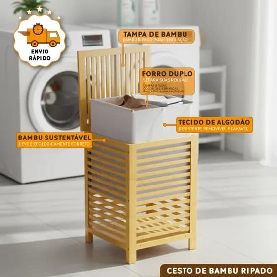 Cesto De Roupa Suja Bambu Ripado Tampa Natural Com Forro Duplo Removível Lavável 120 Litros