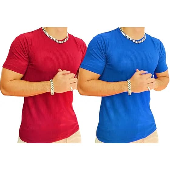 kit 2 camisetas masculina malha canelada casual treino modela no corpo Lançamento Ano novo