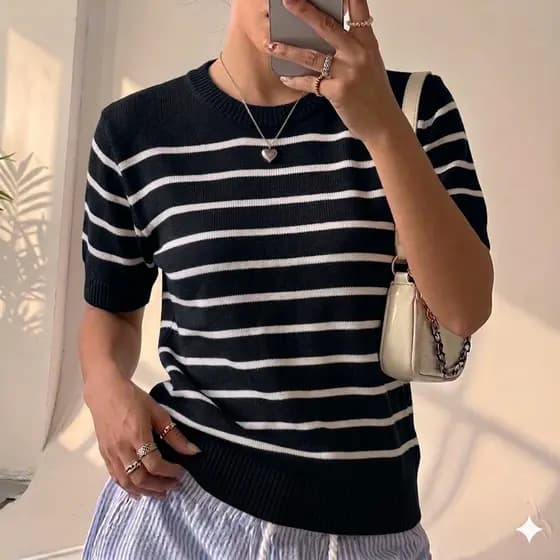 Blusa Básica Listrada Modal Canelado Premium Manga Casual Basico T-Shirt