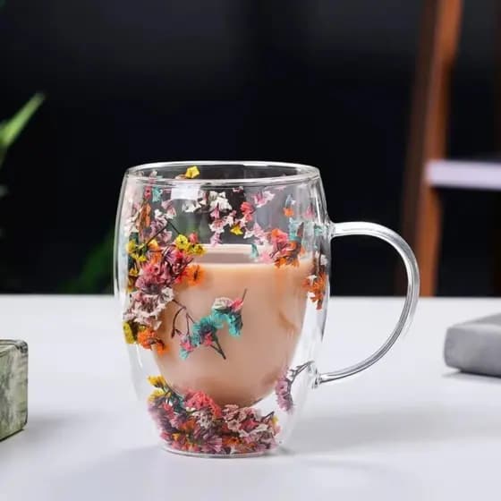 Caneca Vidro Duplo 350ml Floral Térmica Bebidas