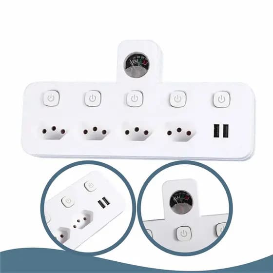 Filtro De Linha Com Adaptador 4 Tomadas 2 Usb e medidor de Voltagem