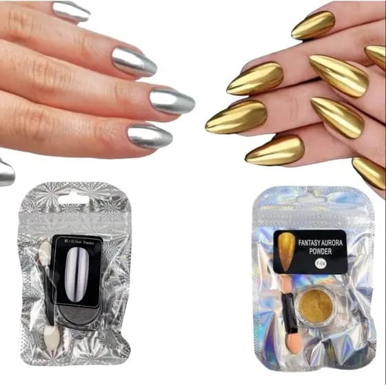 Kit 2 Pó Cromado Unhas Acrigel – Efeito Metálico Dourado e Prata, Chrome Nails, Nail Art Profissional