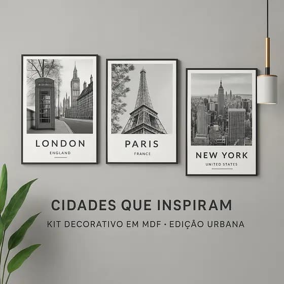 Kit 3 Quadros Decorativos Cidades Icônicas | Londres Paris Nova York | MDF Vinil Fosco – Quarto Sala