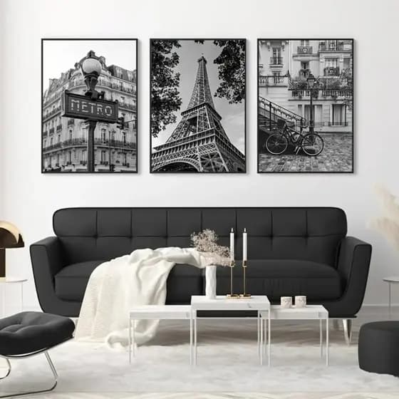Kit 3 Quadros Decorativos Torre Eiffel de Paris França Preto Branco Parede de Escritório Sala Elegante