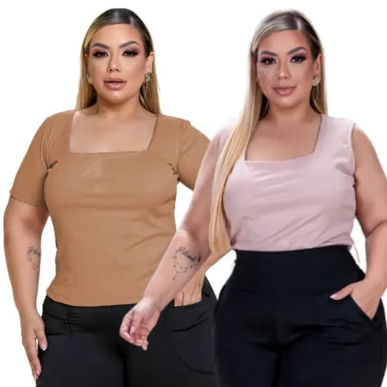 Kit Blusinha + Regata Feminina Plus Size Ribana Malha Canelada Decote Quadrado Casual GG,G1,G2,G3,G4