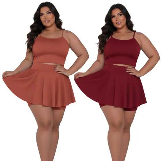 Kit 2 Conjuntos Feminino Plus Size Cropped Alcinha e Saia Short Rodada Moda Verão Casual Confortável do GG aoG3 Academia