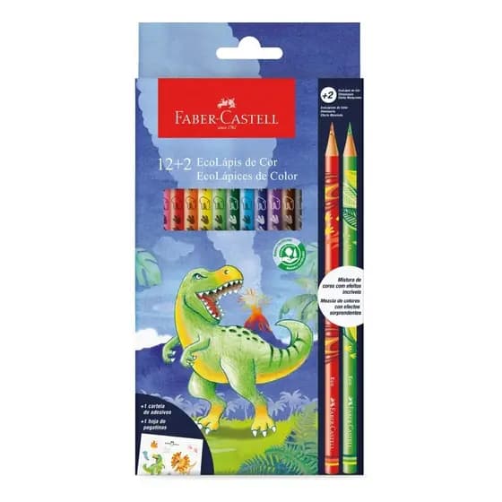 Lápis De Cor Faber Castell 12 cores +2 lápis efeito misturinha Dinossauro = 14 lápis e com Adesivo Dinossauros