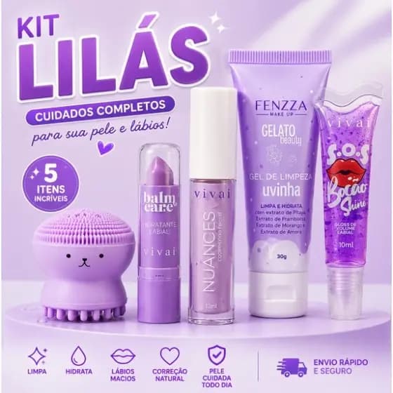Kit Presente Lilás Skincare Facial diário Esponjinha, Corretivo Lips Gloss Lip Balm Kit Fofo