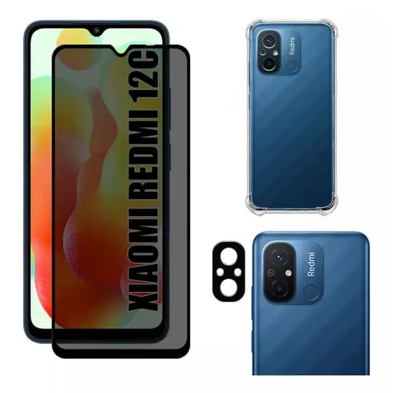 KIT Para Xiaomi Redmi 12c | Película de Privacidade 3D - Capa Capinha Anti Impacto - Película da Câmera 3D