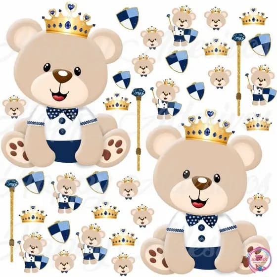 Kit 44 Adesivos Para Parede Ursinho Príncipe Bebe Azul Decoração Para Quarto Urso Coroa Autocolante