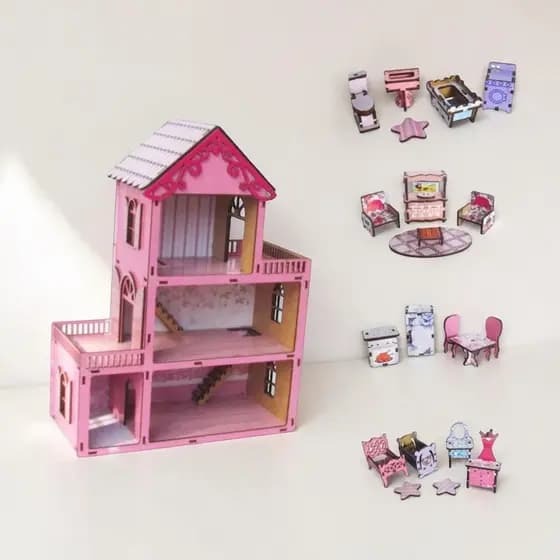 Casinha 30 Cm Boneca + 20 Mini Móveis Mdf Colorido Promoção