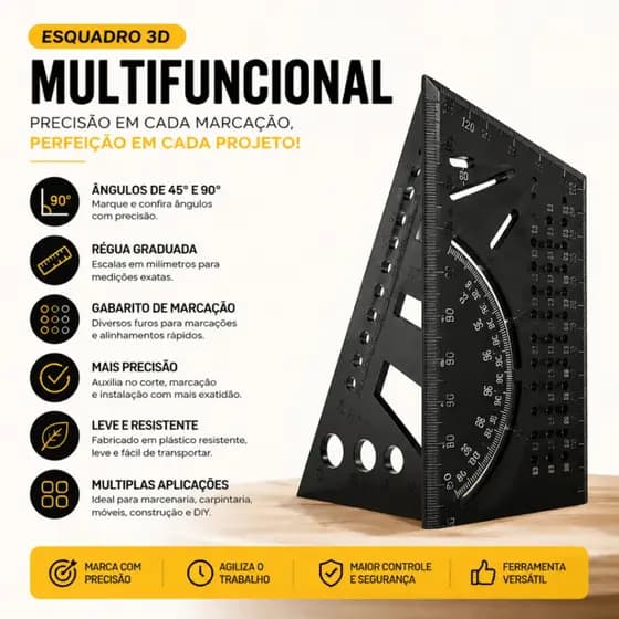Esquadro Multifuncional 3D 45° 90° Régua Marcenaria