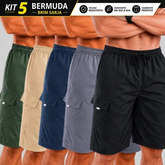 Kit 5 Bermuda Masculina Brin Elástico Cargo Cordão Cintura Bermudão Trabalho Masculino Short Brim