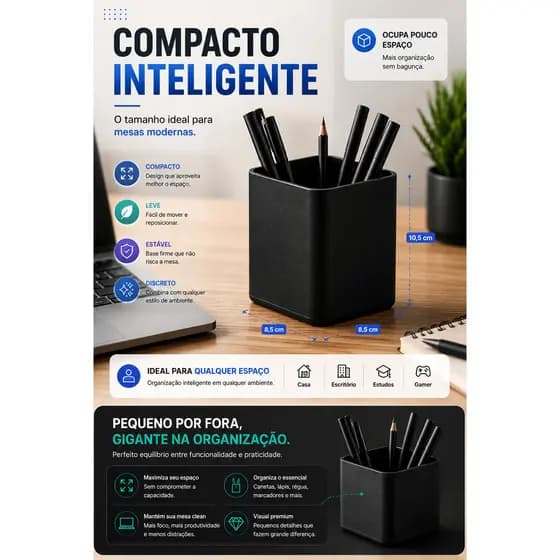 Porta Caneta Organizador Mesa Minimalista Preto Branco Premium Home Office Escritório Moderno Uso