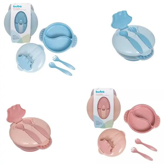 Kit Refeição Com Ventosa, Bowl Com Divisória Removível Tampa e Talheres Colher e Garfo - Buba