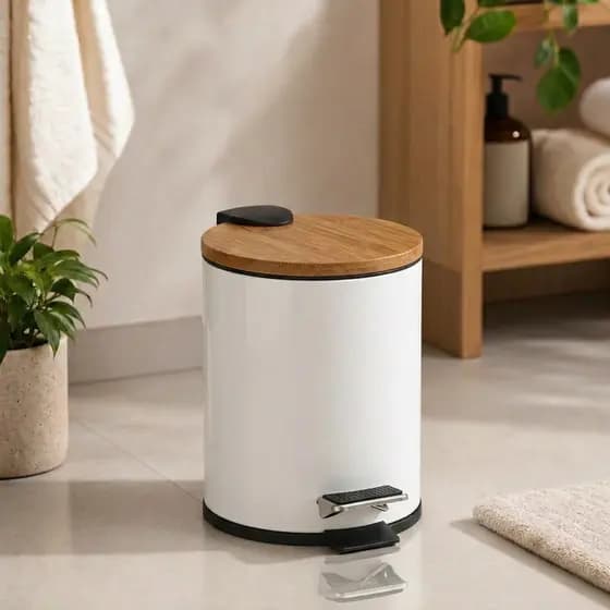 Lixeira Branca com Pedal e Tampa de Bambu Premium | Lixeira para Banheiro Cozinha Escritório