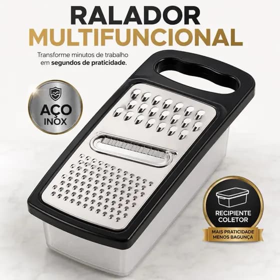 Ralador Multifuncional com Recipiente Coletor Aço Inox Fatiador Descascador Queijo Legumes 3 em 1