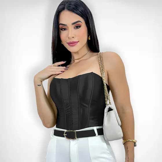 Cropped Corset Feminino Bico Acetinado Luxo Amarração Top