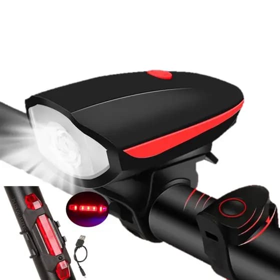 Kit Farol Para Bike Com Buzina Recarregável + Sinalizador Traseiro