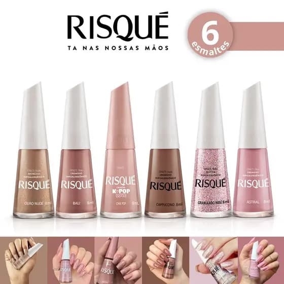 Kit 6 Esmalte Risqué Cremoso Tons Rosas e Marrom nude Esmaltes Atacado