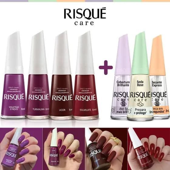Kit 7 Esmaltes Risqué Tons Roxos e Vermelho + Base Esmaltes Atacado