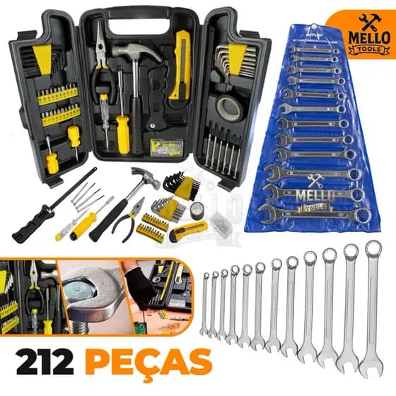 Kit Jogo de Ferramentas 212 Peças com Maleta Completa + Kit 12 Chave Combinada