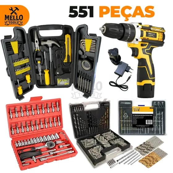 Kit Ferramentas 551 Peças + Parafusadeira 12V Sem Fio Completa + Jogo de Brocas Bits Soquetes 46 Peças Profissional