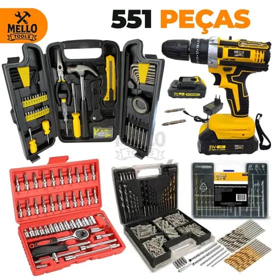 Kit Ferramentas 551 Peças + Parafusadeira 21V Sem Fio Completa + Jogo de Brocas Bits Soquetes 46 Peças Profissional