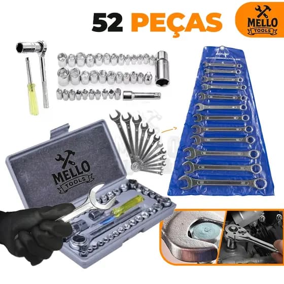 Kit Jogo de Ferramentas 52 Peças com Catraca e Chaves Combinadas – Kit Completo Profissional Mello Tools