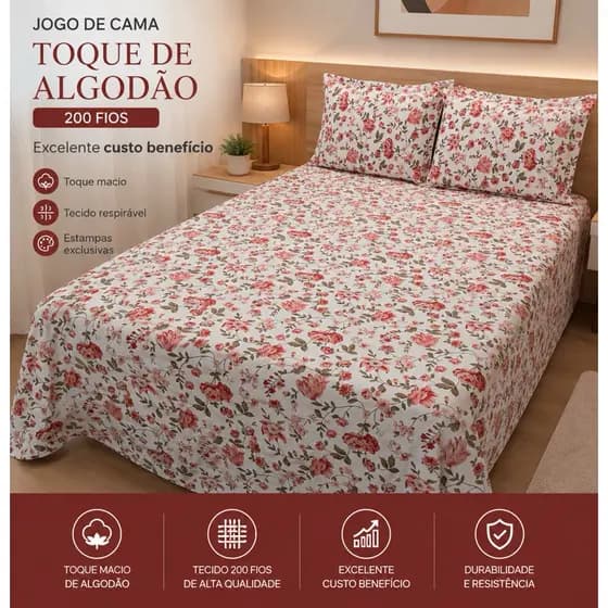 Jogo de Cama Casal 03 Peças Toque de Algodão 200 Fios Macio Não Desbota