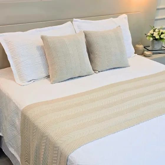 Kit Peseira Manta Tricot Cama Casal Queen King Links + 2 Capas Almofadas