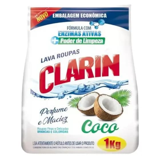 Sabão Em Pó Clarin Coco Lavagem Perfeita Para Roupas Brancas e Coloridas Pacote 1kg - ENVIO IMEDIATO