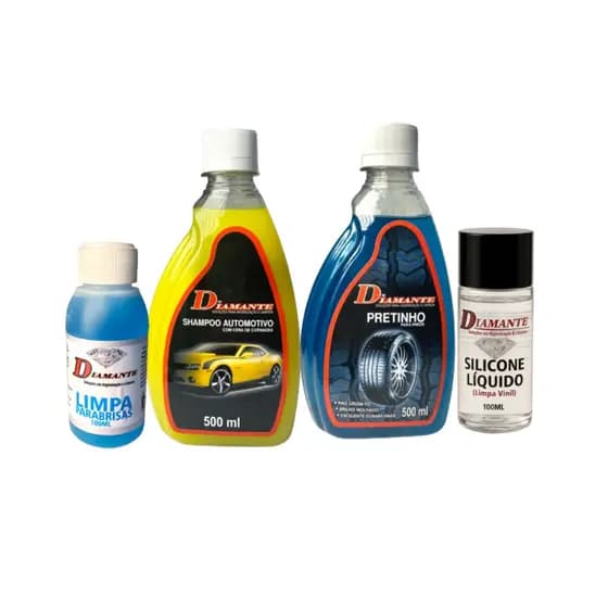 Kit Shampoo com cera de carnaúba, pretinho para pneus, limpa para-brisas e silicone liquido 100ml