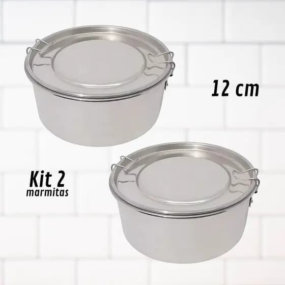 Kit 2 marmitas 12 cm com tampa e travas aluminio janta jantar almoço banho maria boia